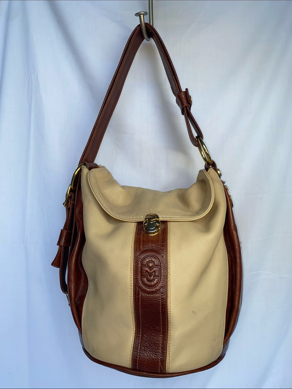 Marino Orlandi Cream and Brown Leather Shoulder Bucket Bag